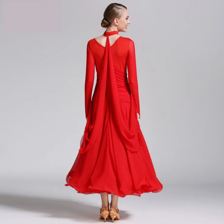 Chiffon Long Sleeves Standard Competition Ballroom Dance Dress For women One Piece Adult Modern/Waltz/Latin Dancing/Dancewear