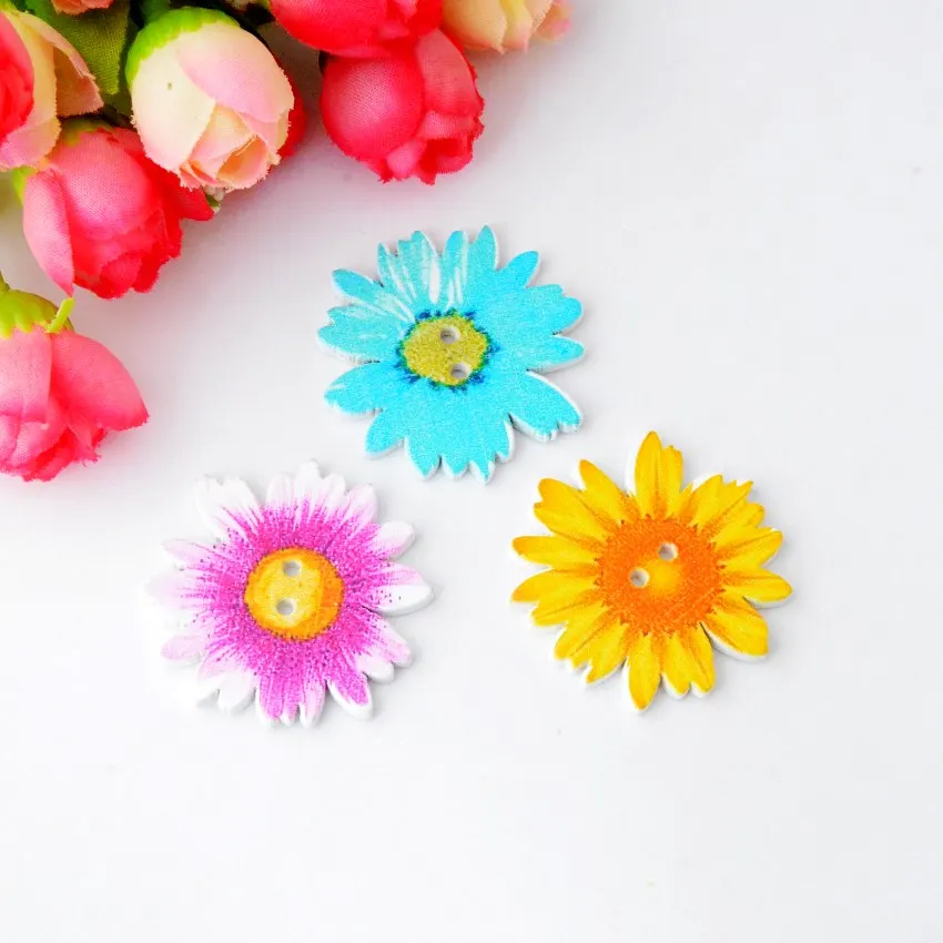 

Free shipping 50pcs Random Mixed Color Wood Buttons 2 Holes Flower Shape Sewing Scrapbooking 37x35mm J2906