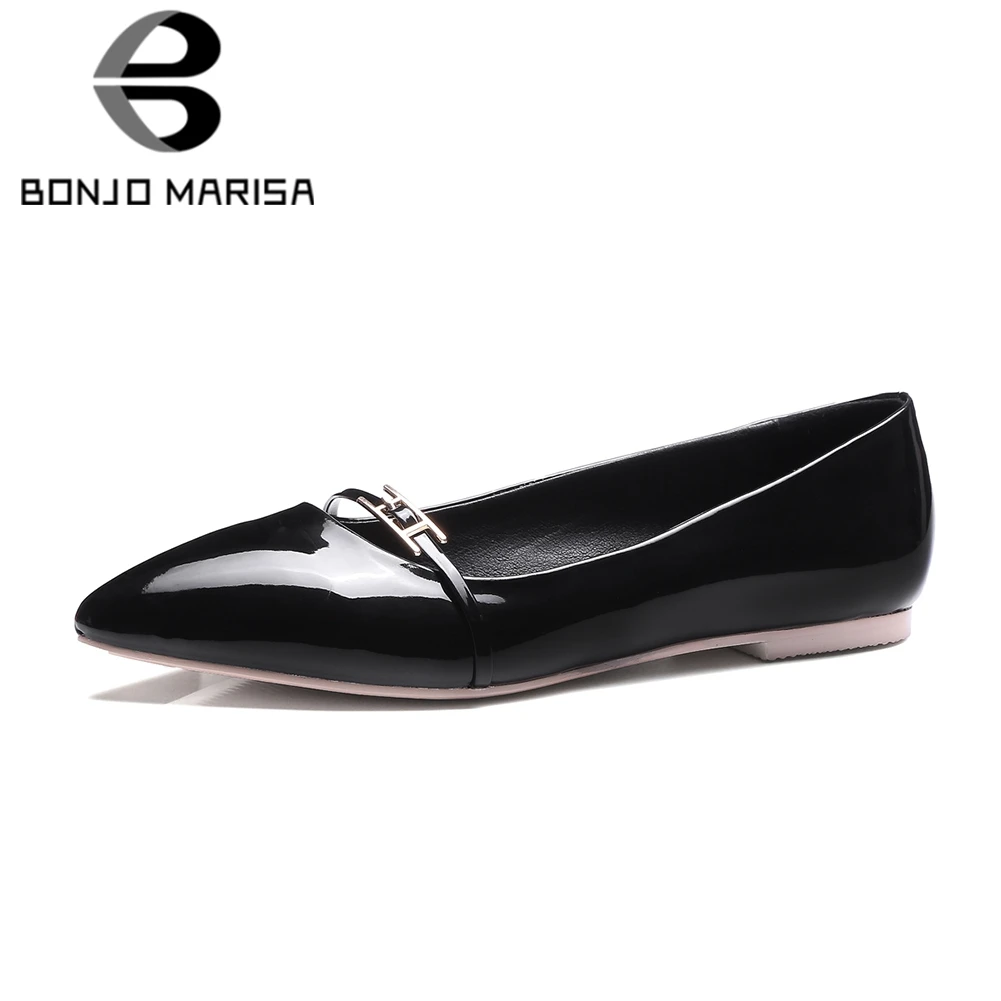 

BONJOMARISA 2020 Spring Summer Plus Size 32-45 Elegant Women Shallow Flats Casual Patent Pu Low Heels Shoes Woman Black