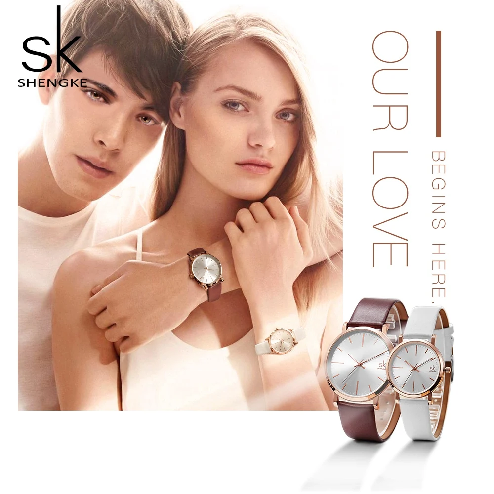 SHENGKE Couple Watches Brown White Leather Strap Quartz Clock Montre Homme Simple Design White Dial Relogio Masculino