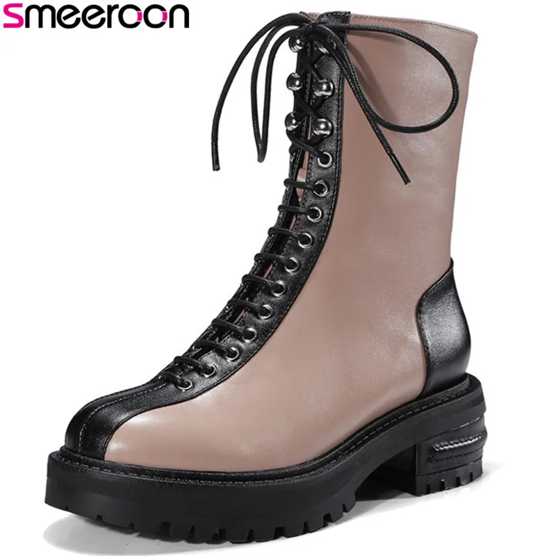 

Smeeroon 2018 fashion autumn winter boots women round toe med heels ankle boots zip+lace up high quality leather boots