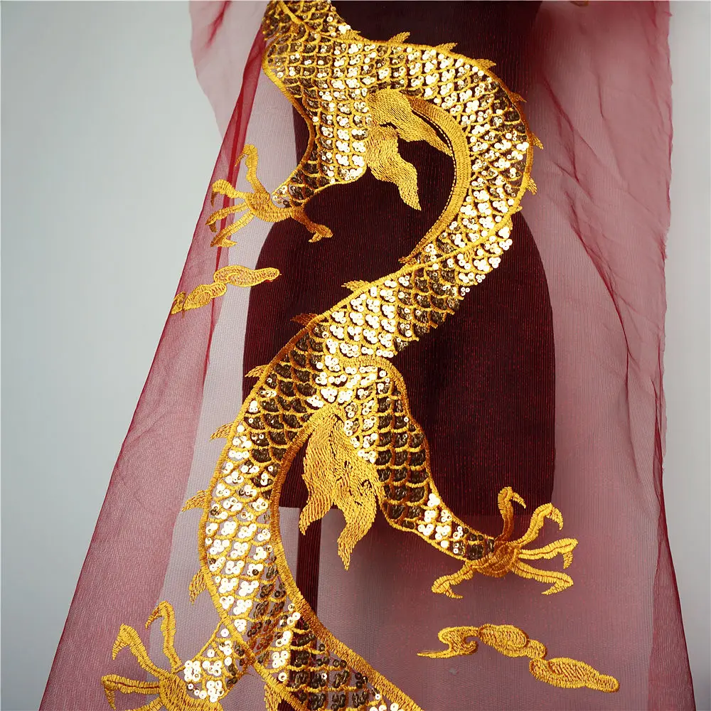 Золотые блестки китайский дракон красная сетка вышитые свадебное платье аппликация Кружева Планки пришить патч для платья DIY украшения