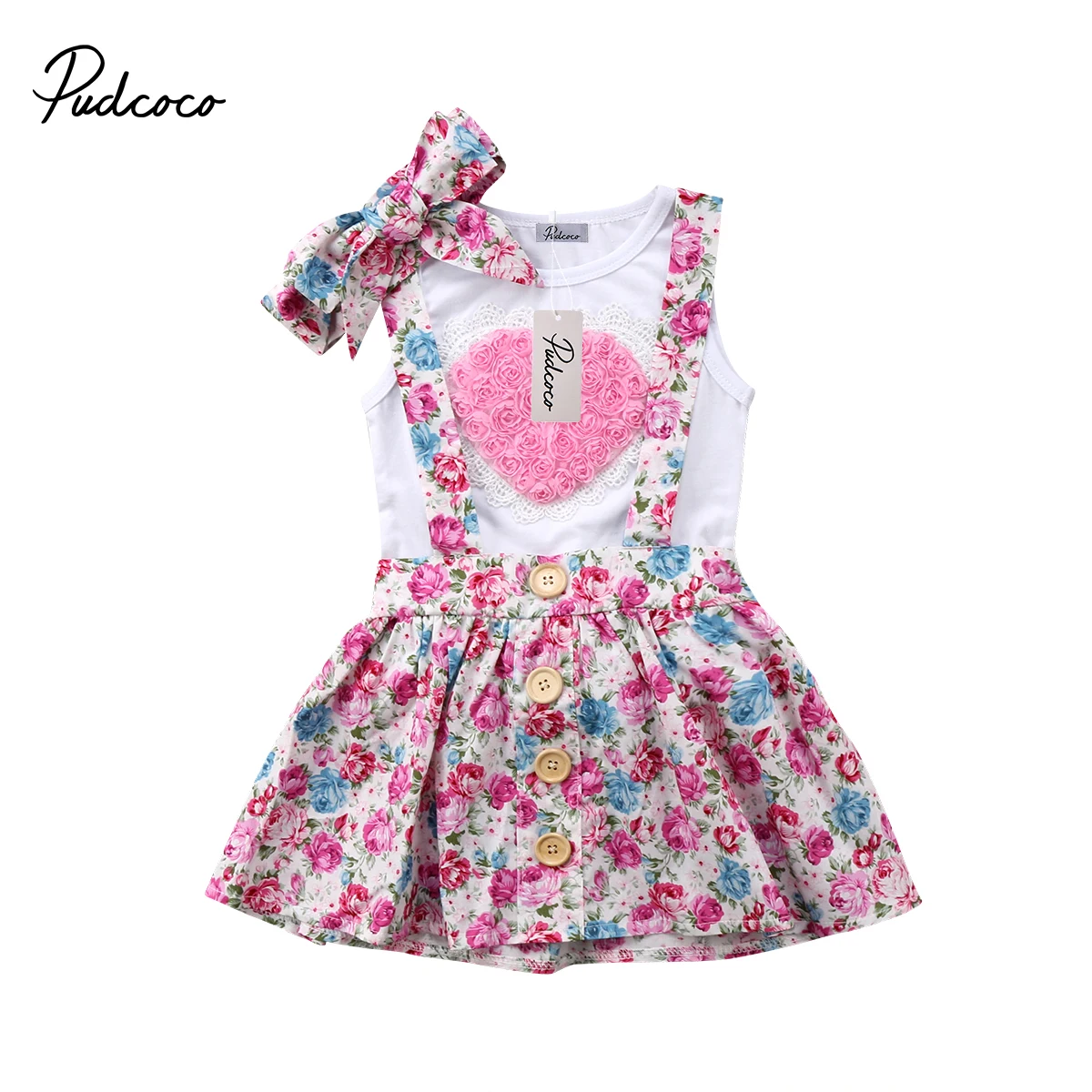 

US STOCK Baby Kids Girl Matching summer floral Clothes rose heart print sleeveless T-shirt strap Dress Outfit set for sisters