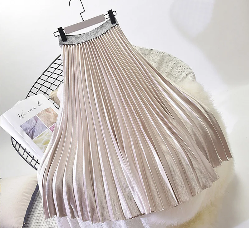 Женская плиссированная юбка миди металлического цвета в японском стиле, женская уличная велюровая шикарная юбка с высокой талией, Saias, весна, SK279
