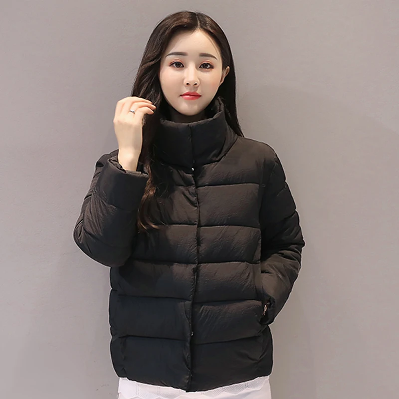 Stand collar 2017 short breast button women coat solid white black padded winter basic jacket women brief casual casaco feminino