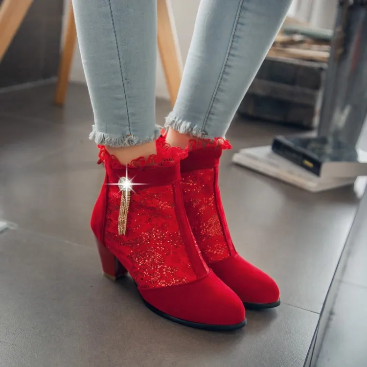 

Big Size 11 12 13 Medium heel lady ankle boot lace mesh boot Little round head Water drill Ma'am Coarse heel Short boots