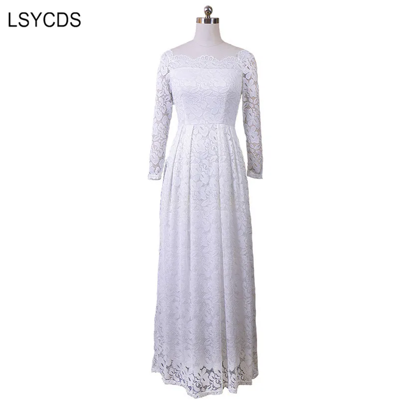 

LSYCDS Elegant White Lace Dress Long Sleeve Slash Neck Floor length Party Wedding High Quality Women Maxi Dress S-3XL