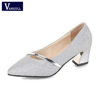 

Vangull Autumn Low-heeled Shoes Bling Pointed Female Coarse 6cm High Heels Gold Black Silver Sequin Shoes Sandalias Femeninas
