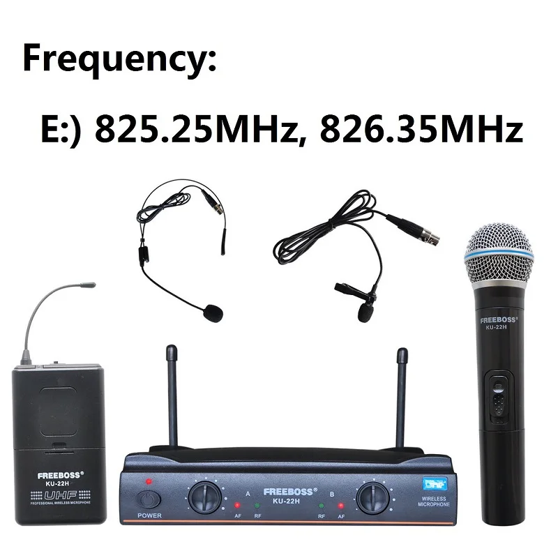 Freeboss KU-22H UHF двухканальная Mic передатчик профессиональный караоке Беспроводной гарнитура+ нагрудные+ ручной микрофон - Цвет: Frequency 825 826