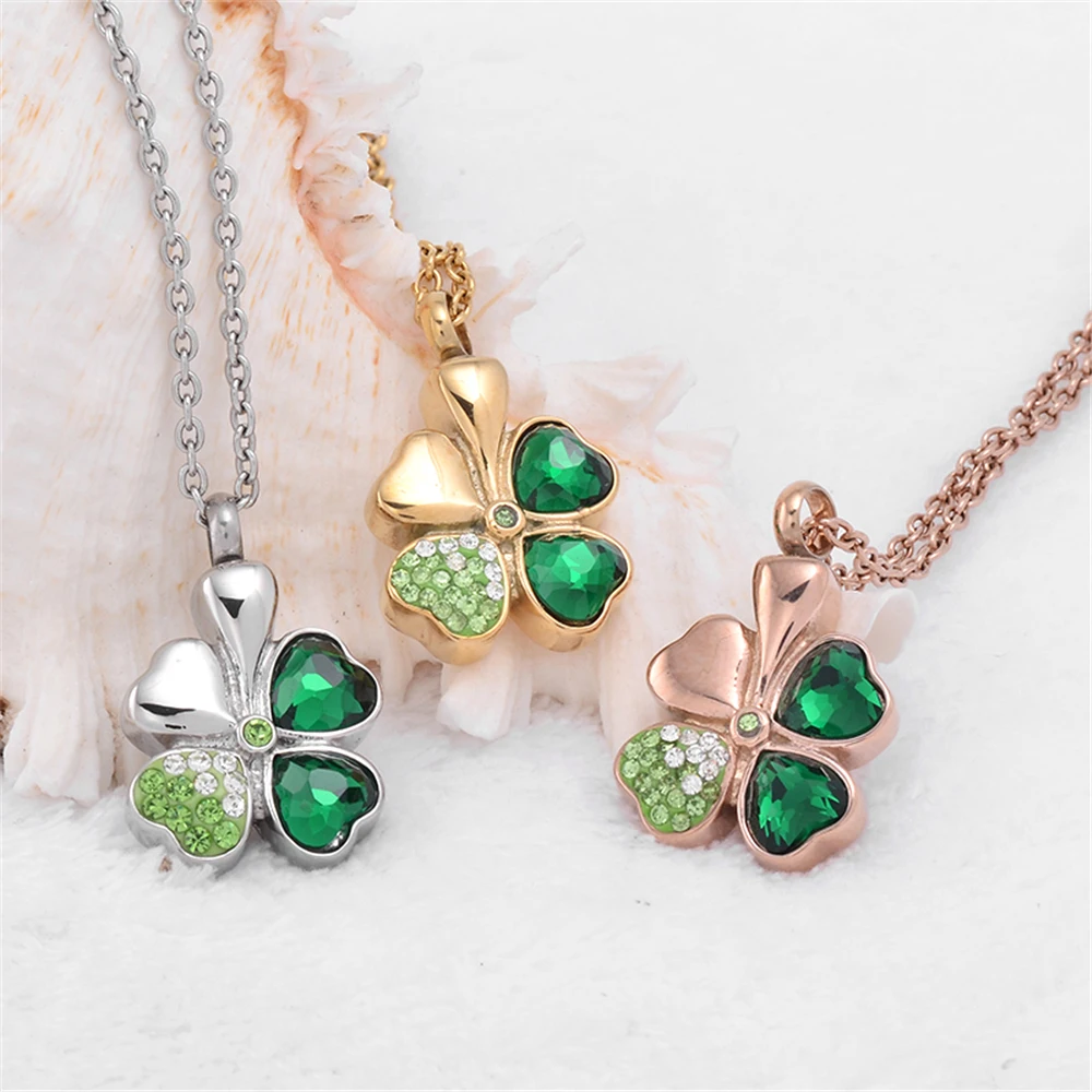 Charm Womens Four Leaf Clover shape Cremation Urn Necklace Stainless