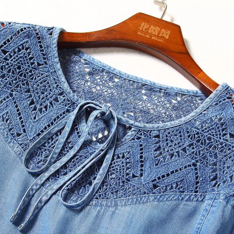 Летний женский Повседневный пуловер джинсовая Блуза большого размера Женская свободная кружевная рубашка женская рубашка с длинным рукавом NW18B2612
