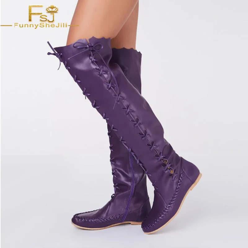 purple thigh high flat boots