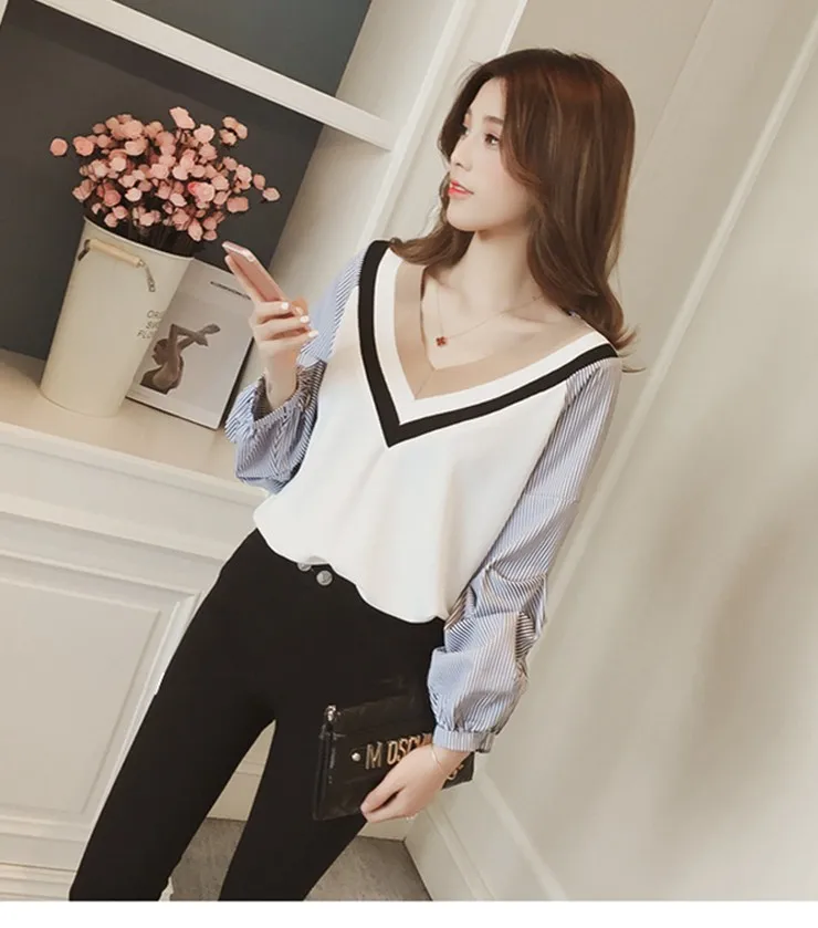 السيدات قمصان طويلة الأكمام blusas موهير 2017 الخريف المرأة البلوزات النسائية الرقبة فانوس كم مخطط المرقعة القمم S6046 السيدات قمصان طويلة الأكمام blusas موهير 2017 الخريف المرأة البلوزات النسائية الرقبة فانوس كم مخطط المرقعة القمم S6046