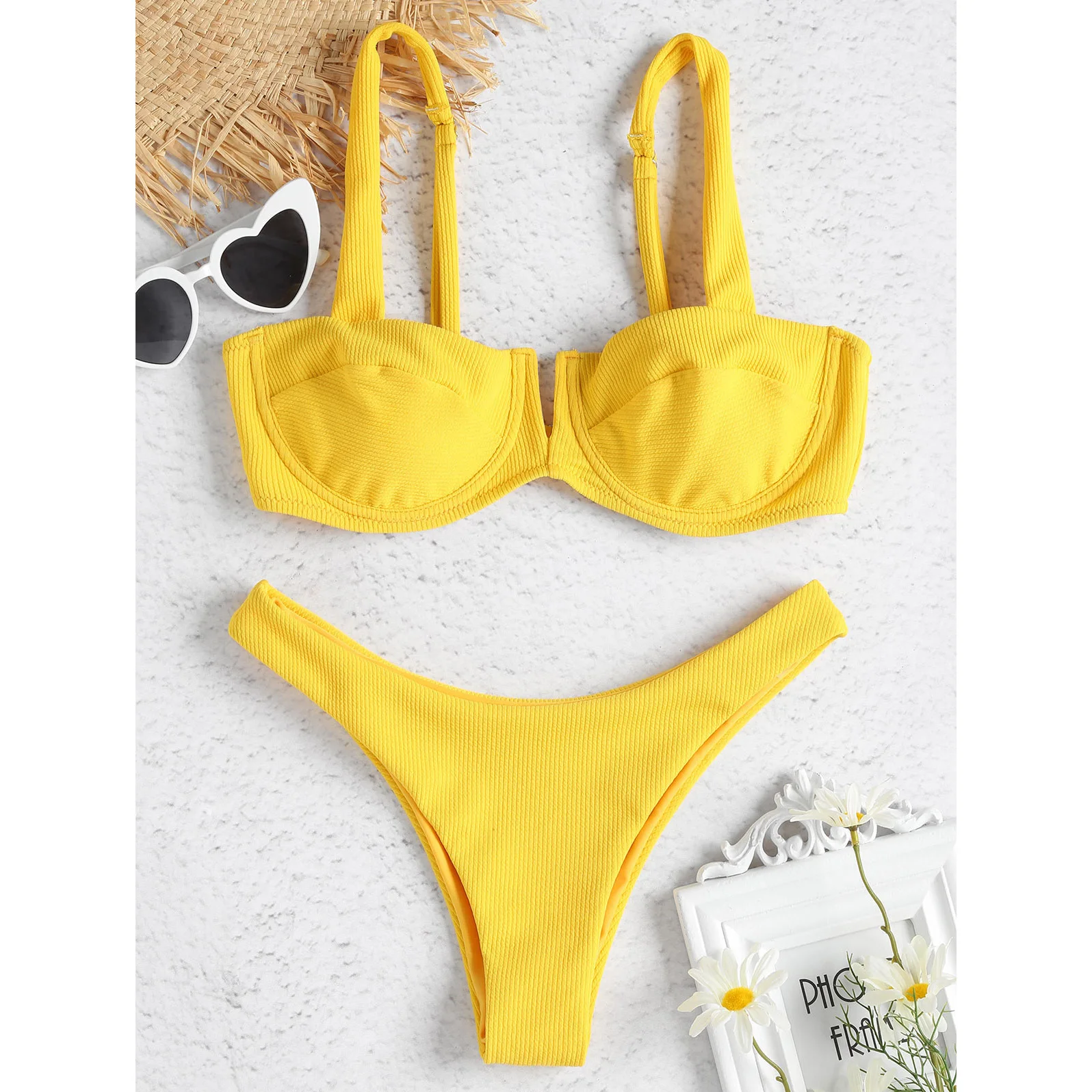 

Ribbed Knit Underwire Bikini Push Up Swimwear Women Swimsuit Sexy Low waisted Straps Thong Bikini Set Bathing Suit Biquni Yellow