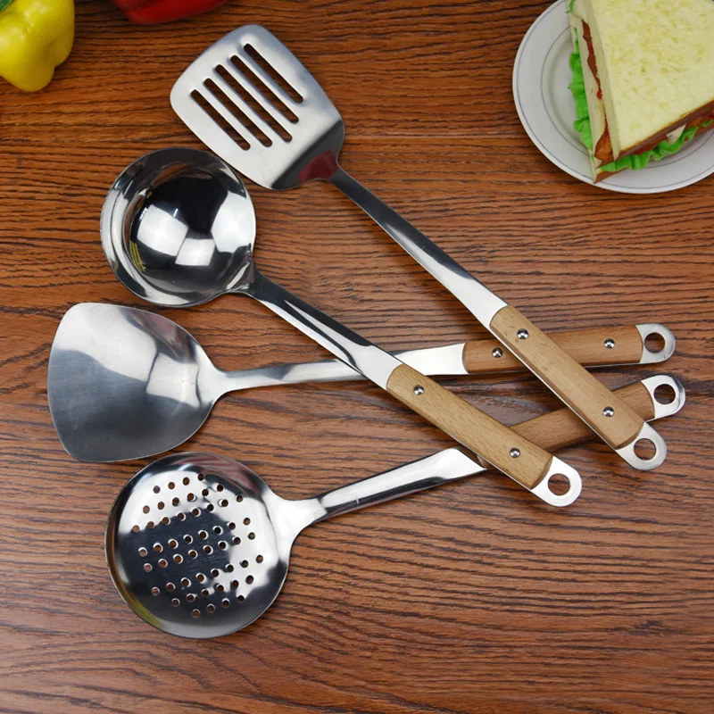 1pcs Stainless Steel Kitchenware Wooden Handle Spatula Colander Picnic