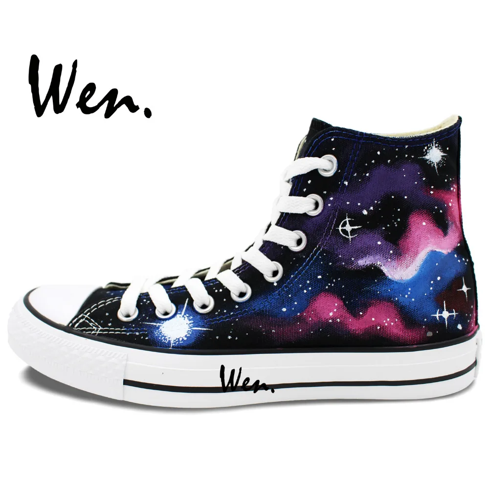 Вэнь Оригинальные кроссовки, ручная роспись, дизайн на заказ, кроссовки, Космический звездный свет, галактика, Голубое облако, мужские женские высокие холщовые кроссовки