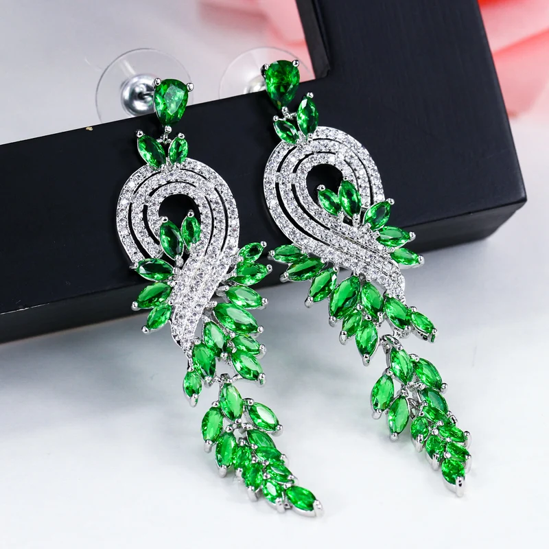 ThreeGraces Vintage Big Water Drop Green Crystal Stone Long Earrings Flower Cubic Zirconia Women Wedding Hanging Earring ER047 - Image 3