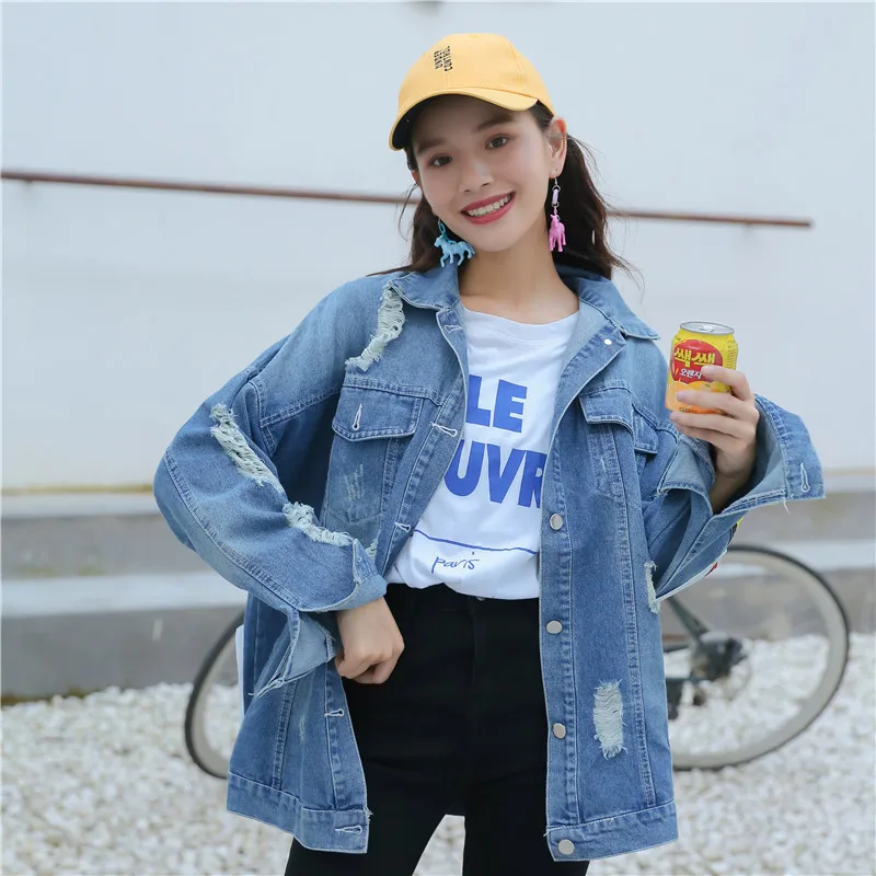 Automne Longues Hiver Conceptions Denim 2018 Manches Retour Copain Jean Femme Vent Harajuku Lâche Bleu Patch Femmes Trou Veste Manteaux SMpqUzV