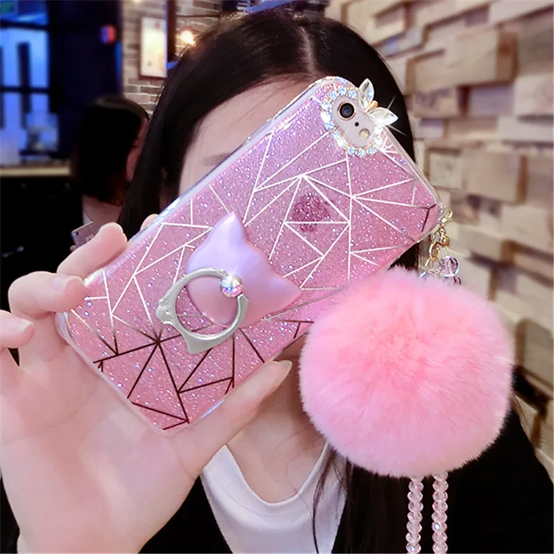 XSMYiss для iPhone 6, 6 S, 7, 8 Plus, X, роскошная модная шикарная подставка, милый плюшевый кролик, помпон, меховой шар, мягкий чехол для телефона, задняя крышка
