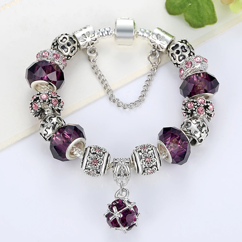 ELESHE, античное серебро, сердце, браслеты с подвесками и браслеты для женщин, фиолетовый кристалл, бусины, браслет, Femme, брендовые ювелирные изделия