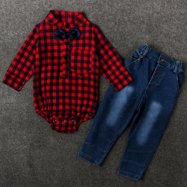 Одежда для первого дня рождения, комплект джинсовой одежды для маленьких мальчиков, клетчатый комбинезон с галстуком-бабочкой+ джинсы, комплект из 2 предметов, спортивный костюм для новорожденных, От 0 до 2 лет