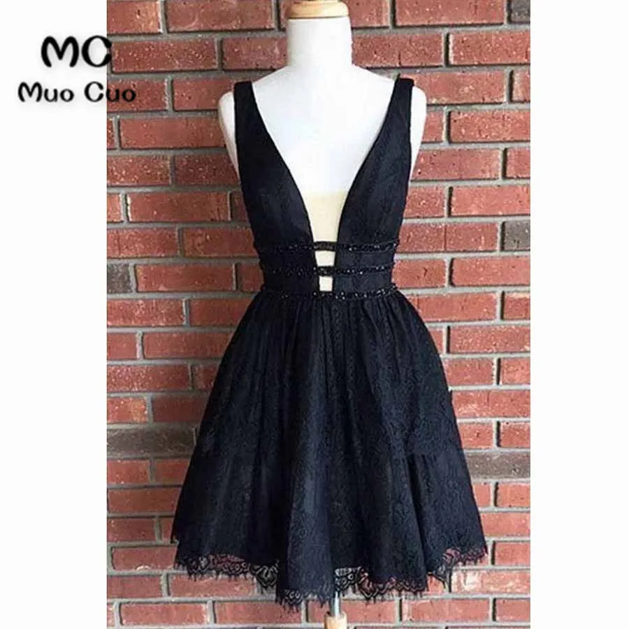 Cute black lace short halter homecoming dresses, short party dress