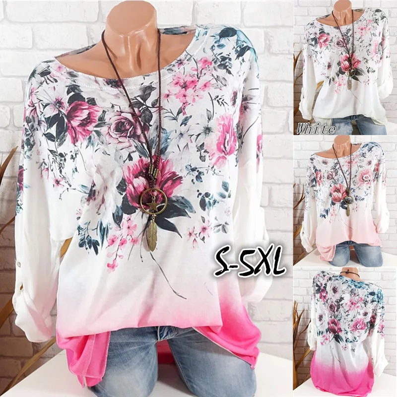 Autumn And Winter Women's Fashion Sexy O-neck Flower printing Long Sleeve Plus Size Shirts Tops