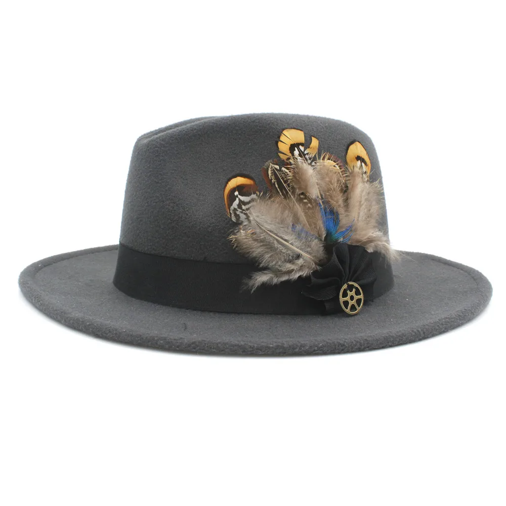 

100% Wool Wide Brim Felt Trilby Fedora Hat For Womem Men Winter Auturmn Cashmere Gangster Church Hat With Feather Band
