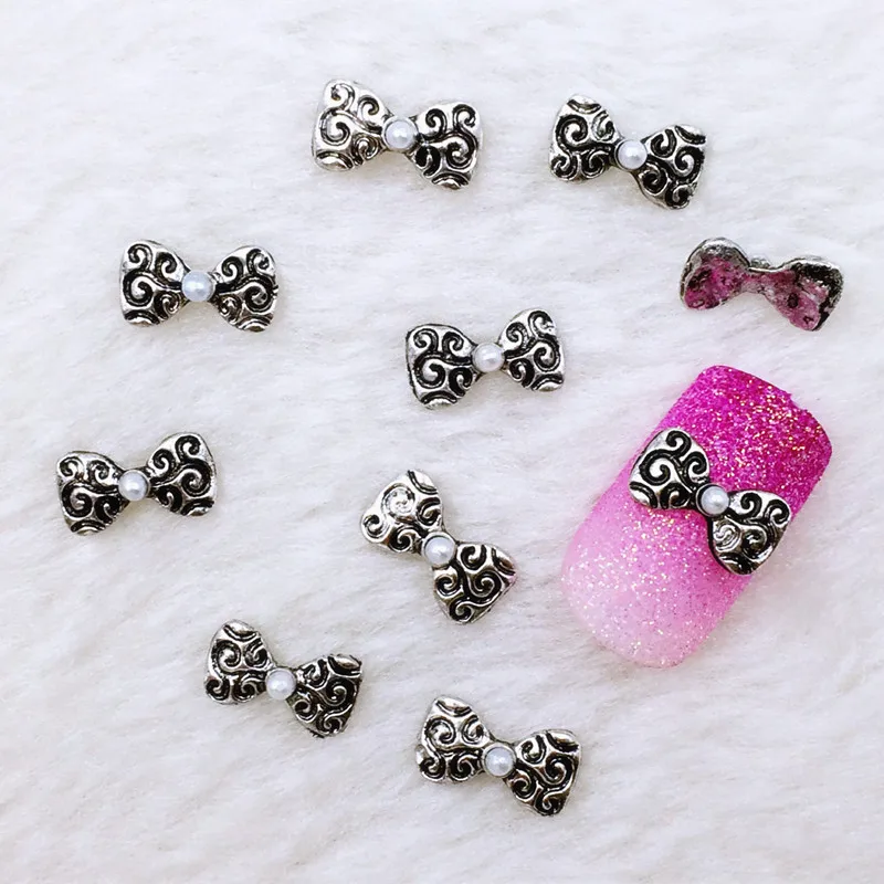20pcs/pack Japan Alloy Nail Art 3D Retro Silver Bow Knot with Pearl Metal Accessories for Phototherapy Nail Sticker DIY