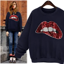 2016 New Autumn Casual Cotton Fashion Women Lips Beaded Applique Sequins Female Sweatshirts Navy Blue Gary As1585