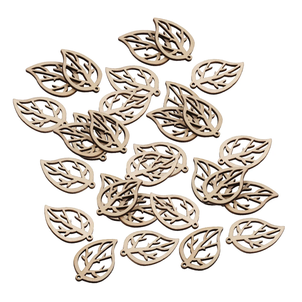 30pcs 29x40mm Wood Leaf Natural Wooden Shapes Scrapbooking Craft Handmade Accessories Home Decorations Hanging Wind Chimes