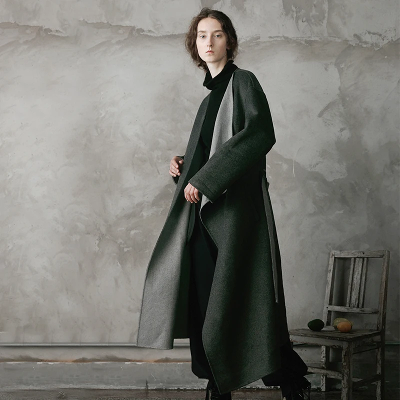 2018 AW Collection original design simple asymmetrical long belted gray double faced wool coat women | Женская одежда