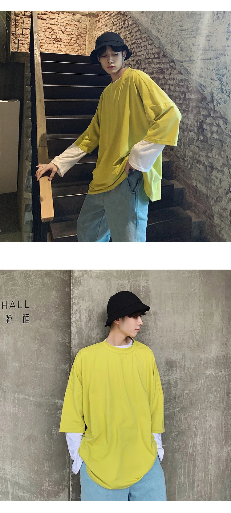 Летний мужской корейский стиль сплошной цвет семь частей рукав модный тренд круглый воротник хлопок одежда свободные футболки M-XL