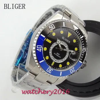 

43mm Bliger black dial ceramic bezel yellow markers date adjust GMT sapphire glass Mingzhu Automatic movement Men's Watch