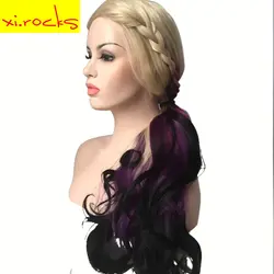 Длинными вьющимися спираль прическа блондин корень Ombre фиолетовые волосы с Бесплатная Расставание челка синтетический парик шнурка для