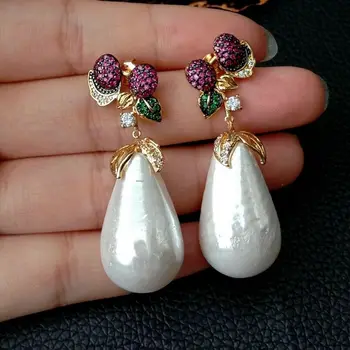 

Teardrop White Sea Shell Pearl Cz Pave Cherry Earrings