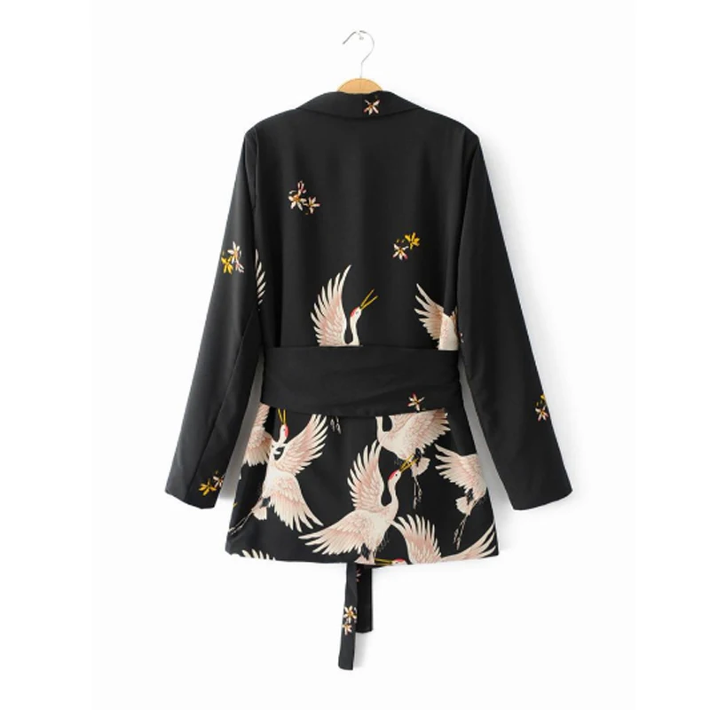 2019 New Women Palazzo Vintage Clothing Sets Crane Printed Blazer Wide Leg Retro Pant Female Bird Printed Outfit Pant Suits