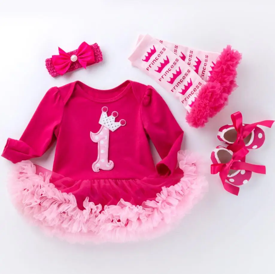 

4PCs per Set Hot Pink Baby Girl Crown Cake Tutu Dress Infant 1st 2nd Birthday Party Outfit Leg Warmers Shoes Headband