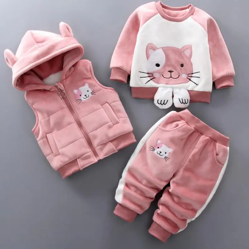 Price Baby Boys Girls Warm Set Winter Cartoon cat Kids Thickening Hooded Vest+Sweater+Pant Three piece Sport Suits Children Clothing