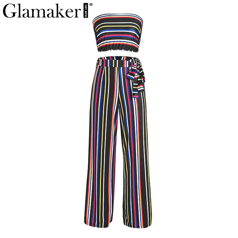 Glamaker Boho костюм из двух предметов, полосатый соблазнительный комбинезон-Ромпер, пояс с высокой талией, укороченный Летний комбинезон, женский комбинезон без бретелек - Цвет: color1