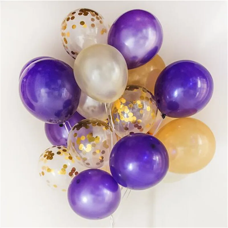 

15pcs /lot 12inches of Confetti Balloons Bouquet purple gold latex balloons holiday parties wedding room decorations