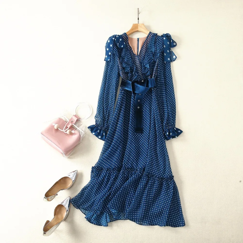 

Runway Designer 2019 Spring Summer Dresses High Quality V-Neck Ruffles Blue Wave Point Long-Sleeved Bow + Belt Party Beach dress