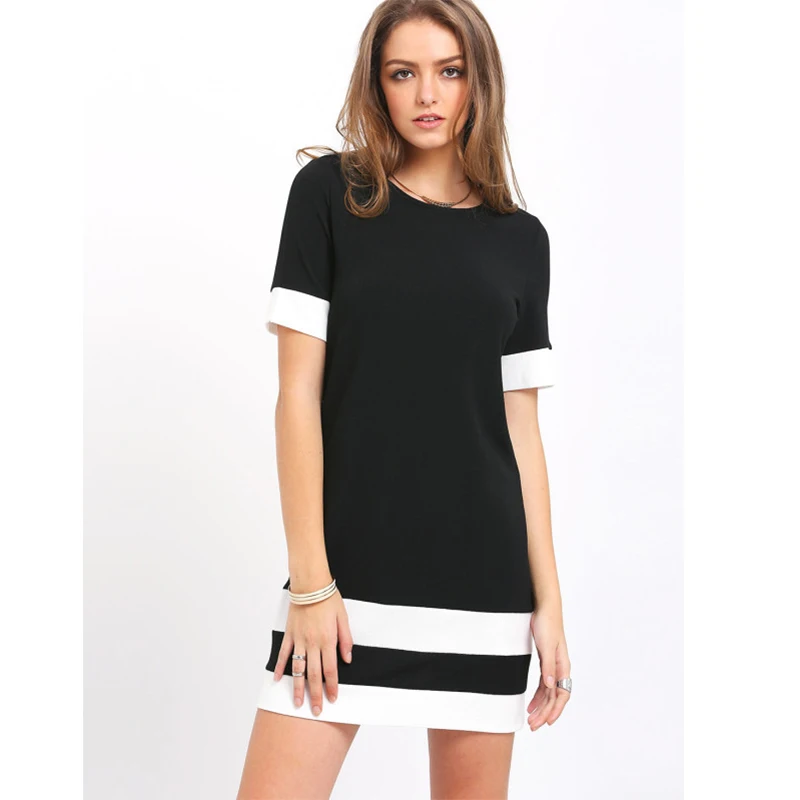 

Women's summer temperament color matching straight casual mini overalls black white patchwork round neck short-sleeved dress