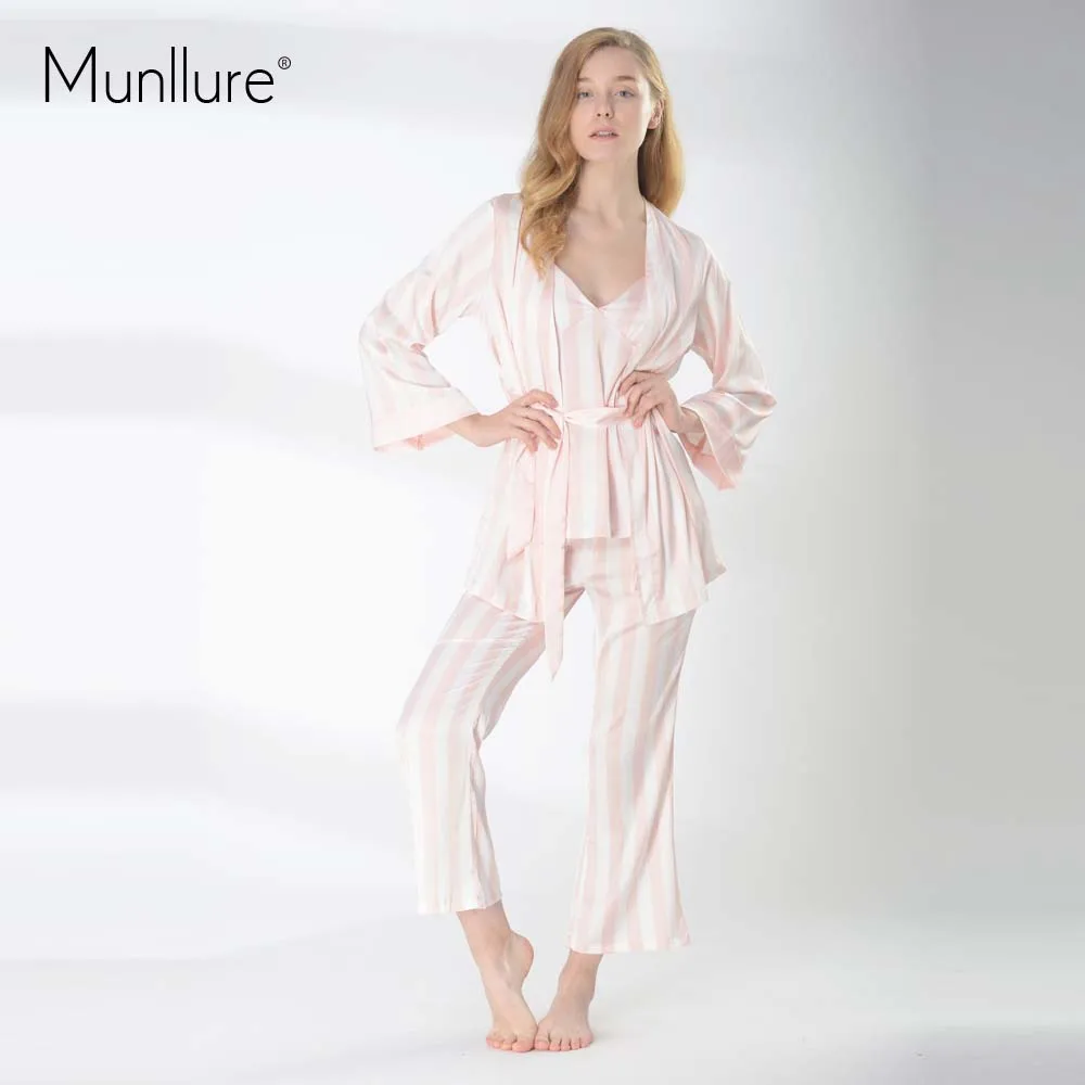 Munllure Весна комплект из четырех предметов элегантные полосатые сексуальные пижамы костюм с бюстгальтером Дамская Высококачественная Шелковая пижама - Цвет: Розовый
