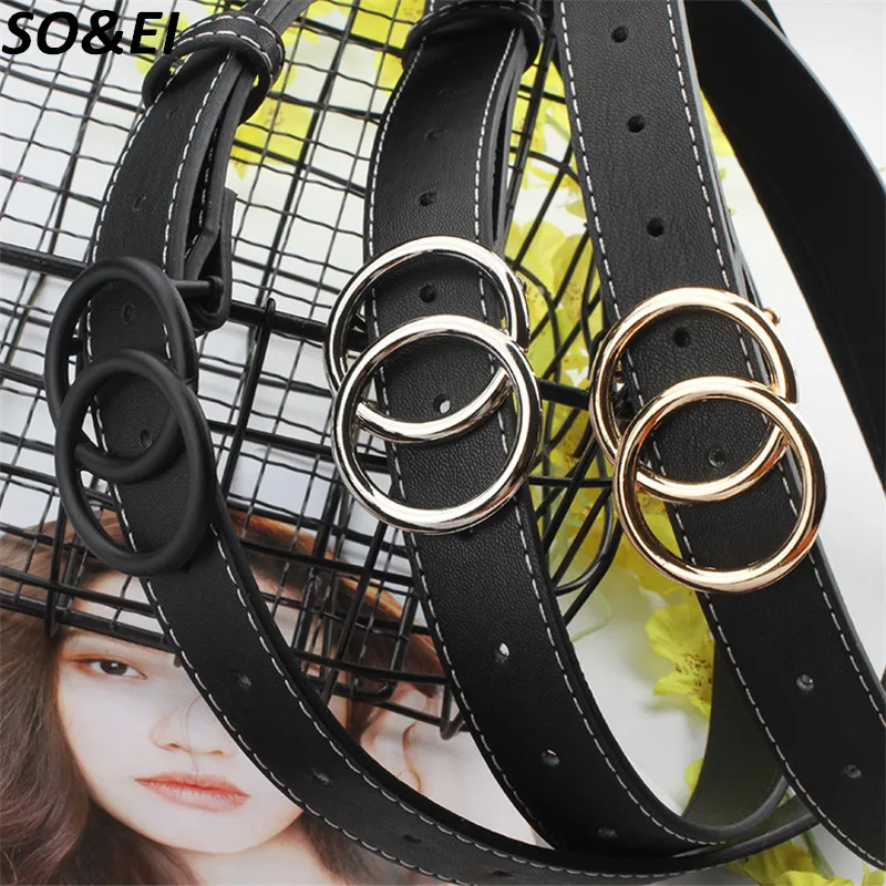 

SOEI Double Ring Buckle Skinny Belt Women Metals Buckle Belts For Woman Punk Style Simple Design Belt Women Gold&Silver Buckle