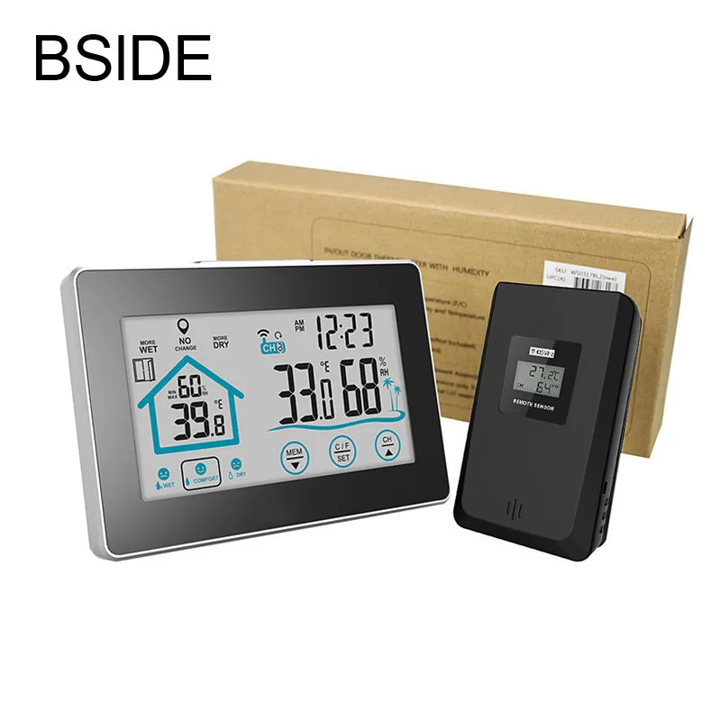 

Weather Station Temperature Humidity Meter Sensor Hygrometer Digital Thermometer Wireless Touch LCD Clock Indoor Outdoor