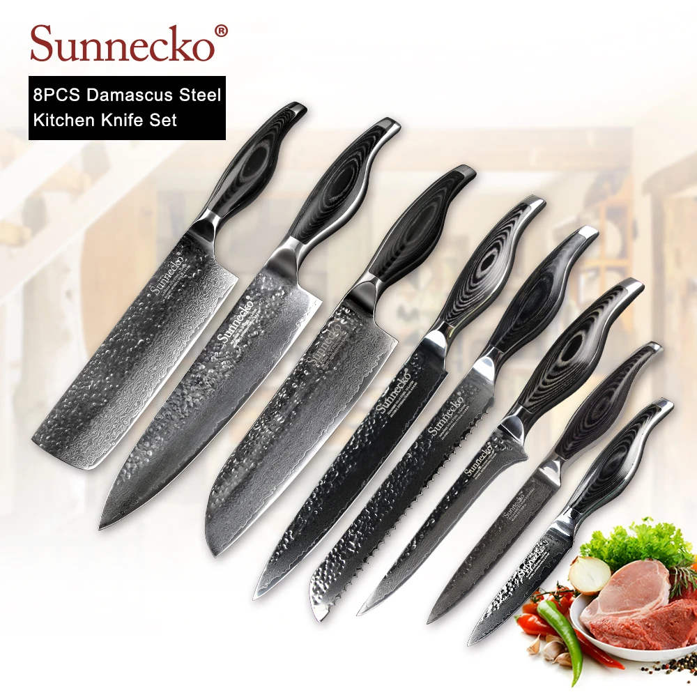 

SUNNECKO 8PCS Kitchen Knives Set Utility Chef's Knife 73 Layers Damascus VG10 Steel Sharp Blade Cutting Tools Pakka Wood Handle