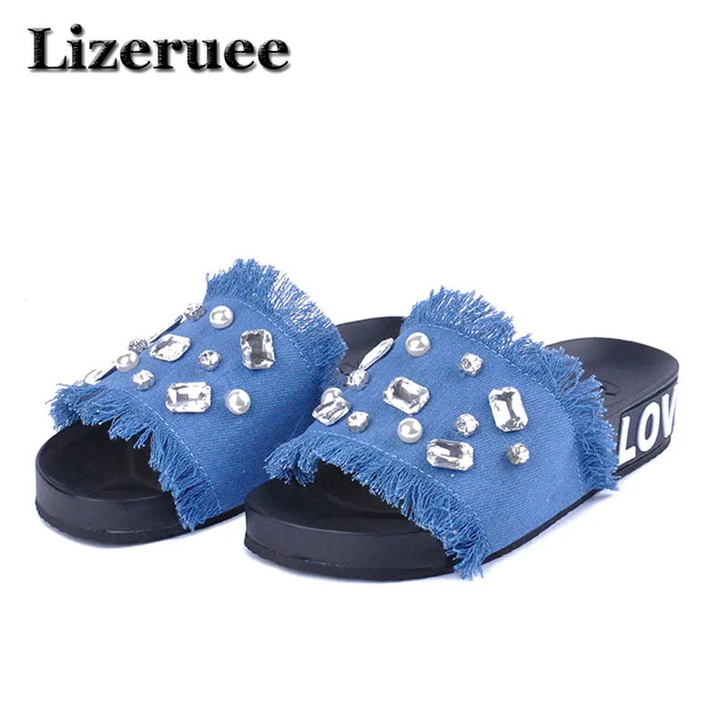 

Brand 2018 New Women Slippers Crystal Fashion Summer Slides Casual Platform Beach Flip Flops Denim Slipper Flat Shoes ME236
