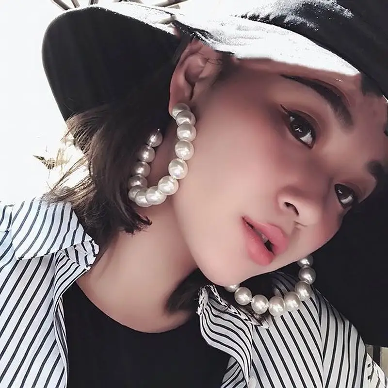 

European Simulated Pearl BIGHoop Earrings For Women Trendy Jewelry Statement Personality Geometric Pendientes Party Accessories