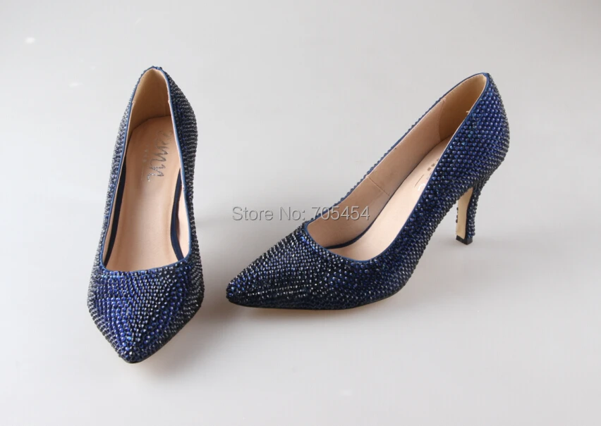 BS752 free shipping custom handmade pointed toe navy blue rhinestones ...